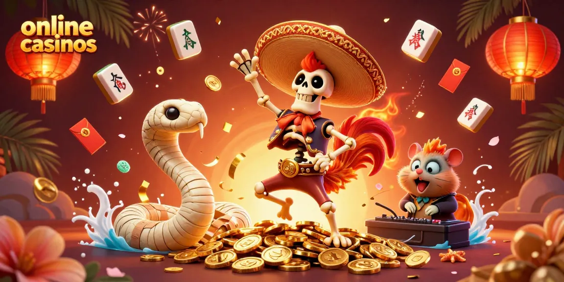 Experience thrilling online casinos with vibrant characters dancing on coins.