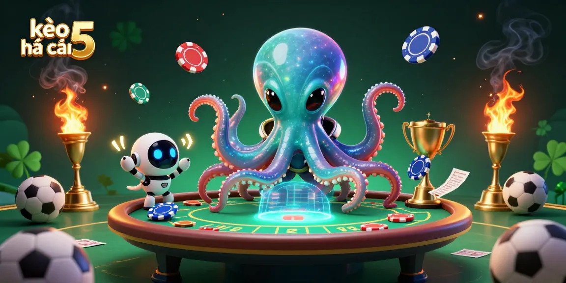 Engage with kèo nhà cái 5 at a cosmic poker game featuring a cartoon octopus and asteroids in a betting scene.
