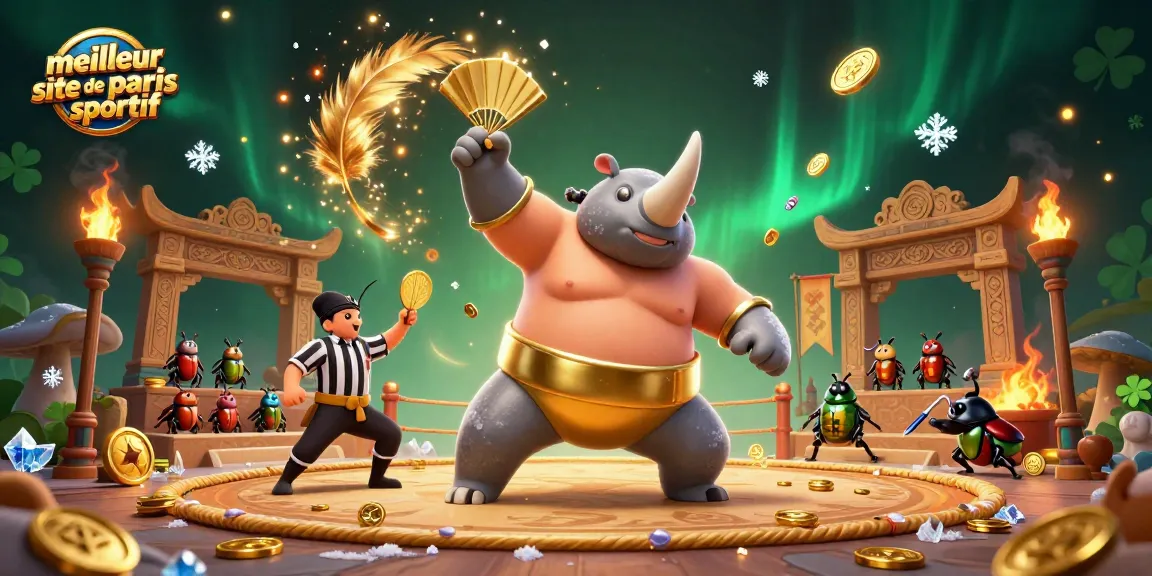 Illustration captivante du meilleur site de paris sportif avec un rhinocéros sumo champion levant des pièces d'or en frappant le sol.