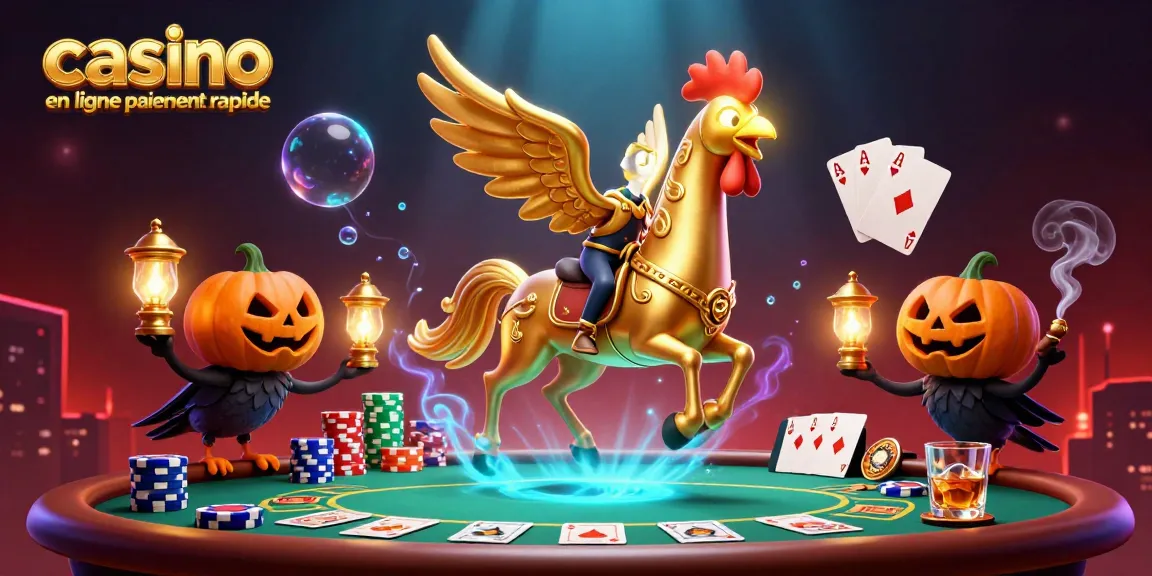 Illustration dynamique de casino en ligne paiement rapide avec un coq d'or et des accompagnants lumineux.
