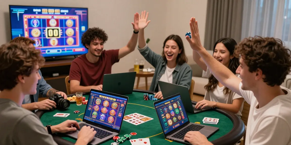 Situs judi slot gameplay with friends, colorful interfaces and lively excitement.