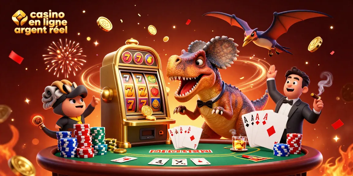 Visuel captivant illustrant un casino en ligne argent réel avec un pachycéphalosaure et un ankylosaure animant le jackpot.