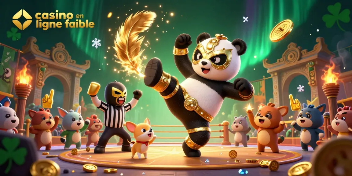Illustration dynamique : panda lutteur en masque doré, indiquant le casino en ligne fiable avec des jetons d'or et des spectateurs joyeux.