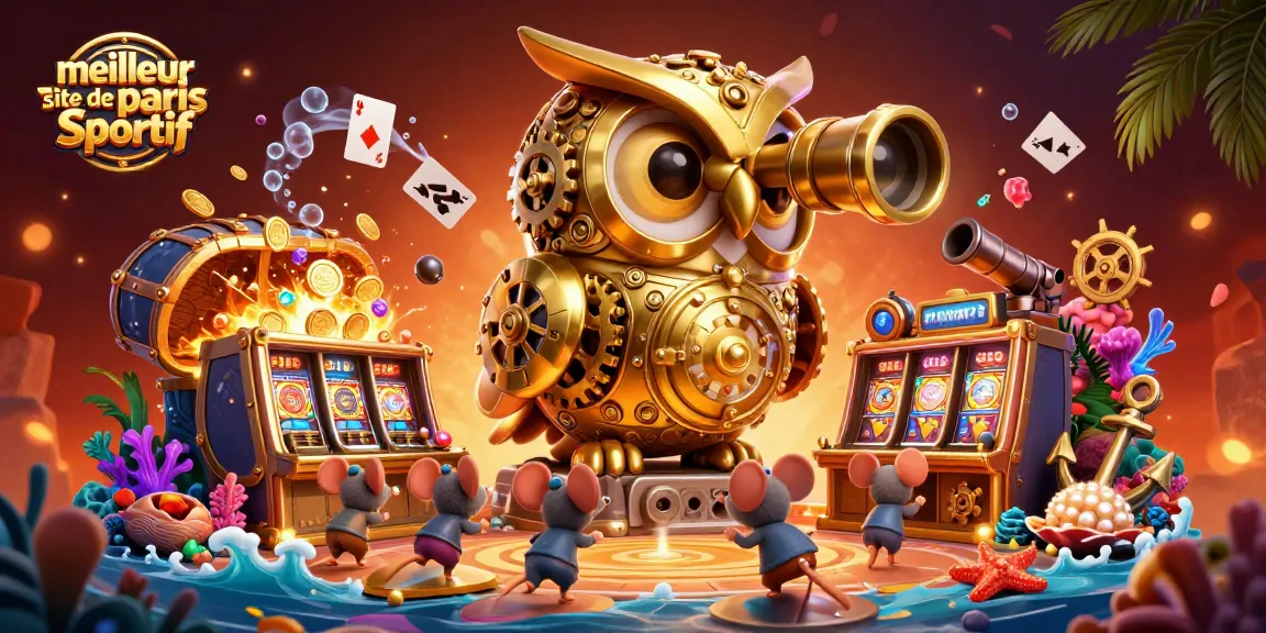 Le meilleur site de paris sportif présente une illustration avec une chouette dorée scrutant un casino vibrant.