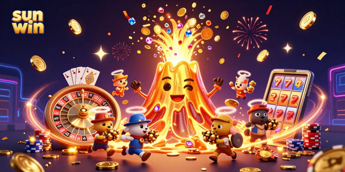 Experience the excitement of sun win as a volcano erupts coins and gems, showcasing vibrant casino elements.