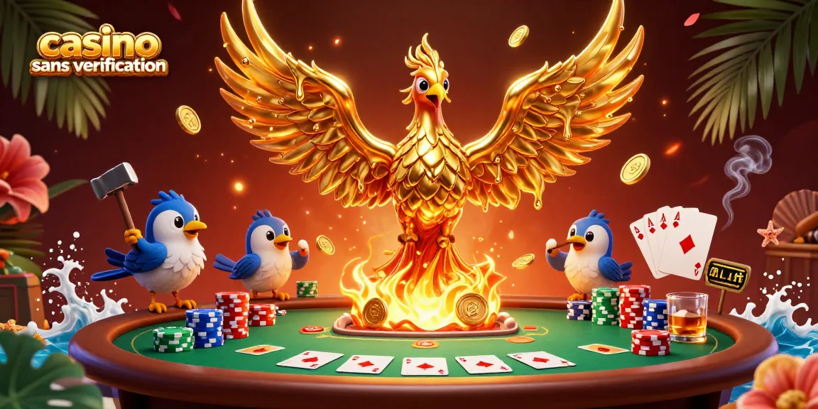 Illustration captivante d'un phoenix doré et d'assistants oiseaux autour de jeux de casino sans vérification.