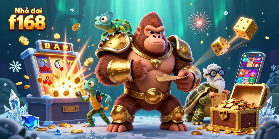 Engage in action at Nhà cái f168 with a gorilla king, chameleon spy, and tortoise elder in a vibrant casino world.