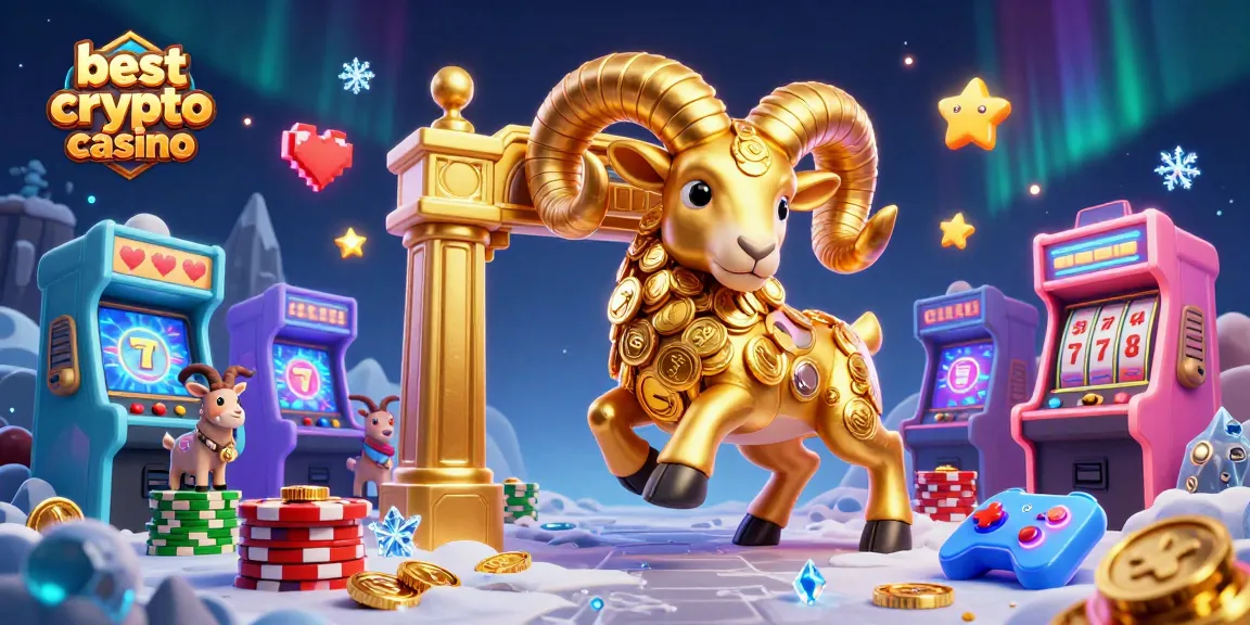 Jouer au meilleur casino crypto avec un bélier doré et des machines d'arcade scintillantes, le tout dans une illustration animée.