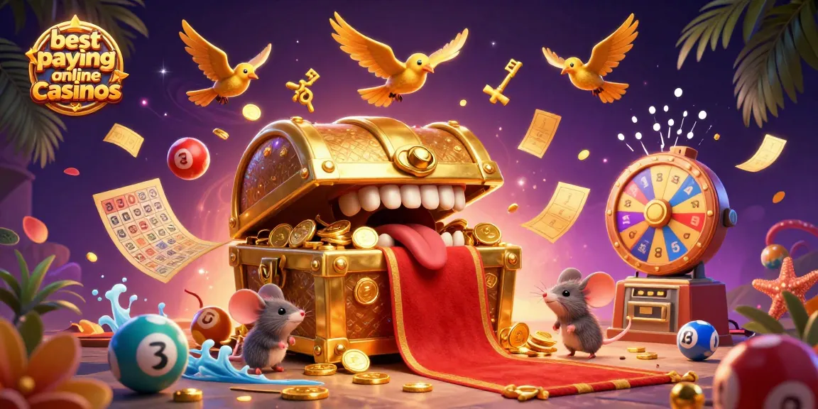 Experience the thrill at the best paying online casinos with a vibrant 3D illustration showcasing riches, lottery excitement, and adventure.