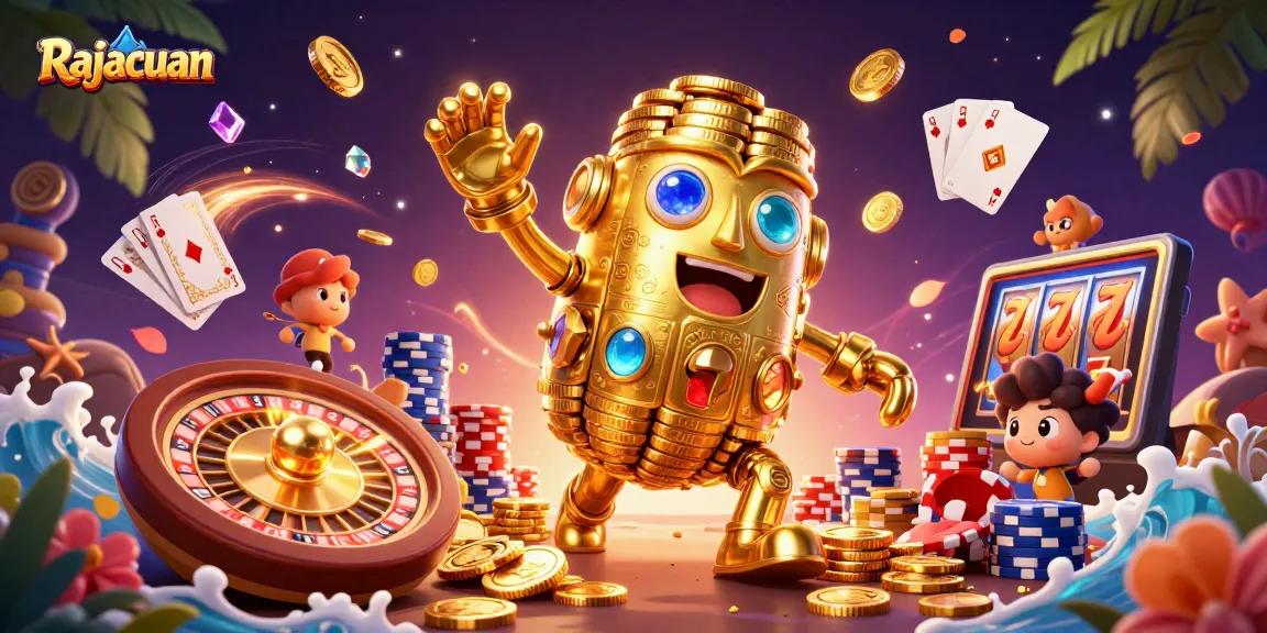 Permainan peluang Rajacuan dengan golem emas mengorbit koin di lingkungan warna-warni.
