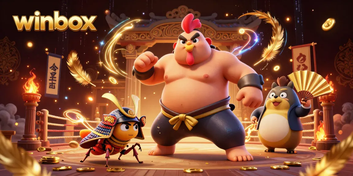 Winbox features a powerful sumo wrestler rooster stomping, surrounded by gambling elements in a dynamic casino scene.