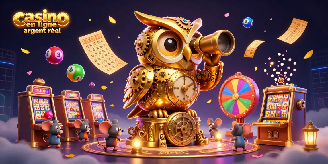 Profitez de l'excitation d'un casino en ligne argent réel avec un hibou doré scrutant la scène animée.