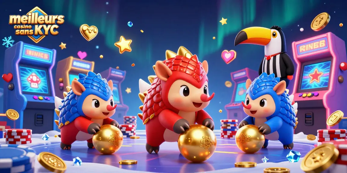 Découvrez les meilleurs casinos sans KYC avec une illustration dynamique de pangolins en action.